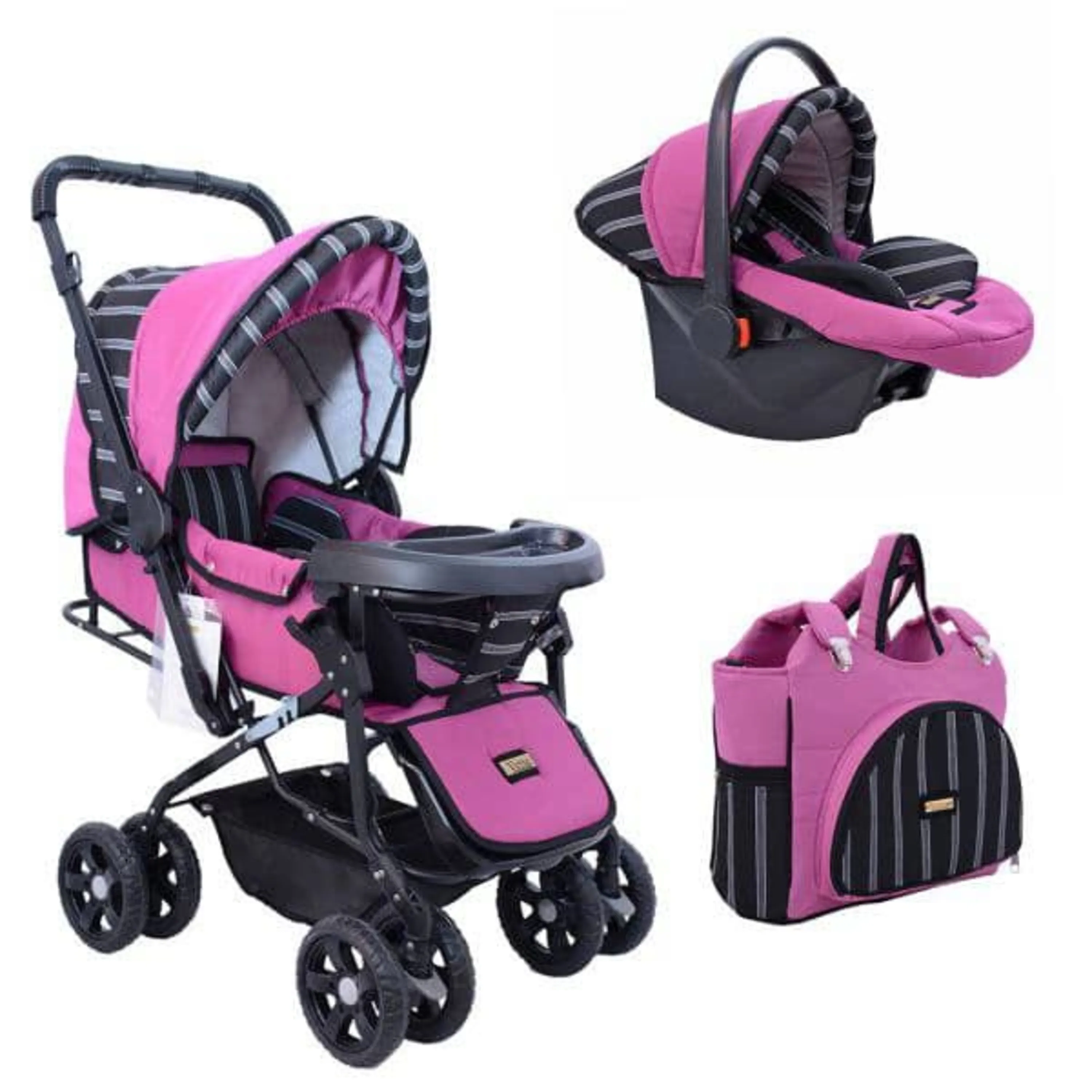 ست کالسکه دلیجان راه راه صورتی  ست کالسکه دلیجان راه راه صورتی